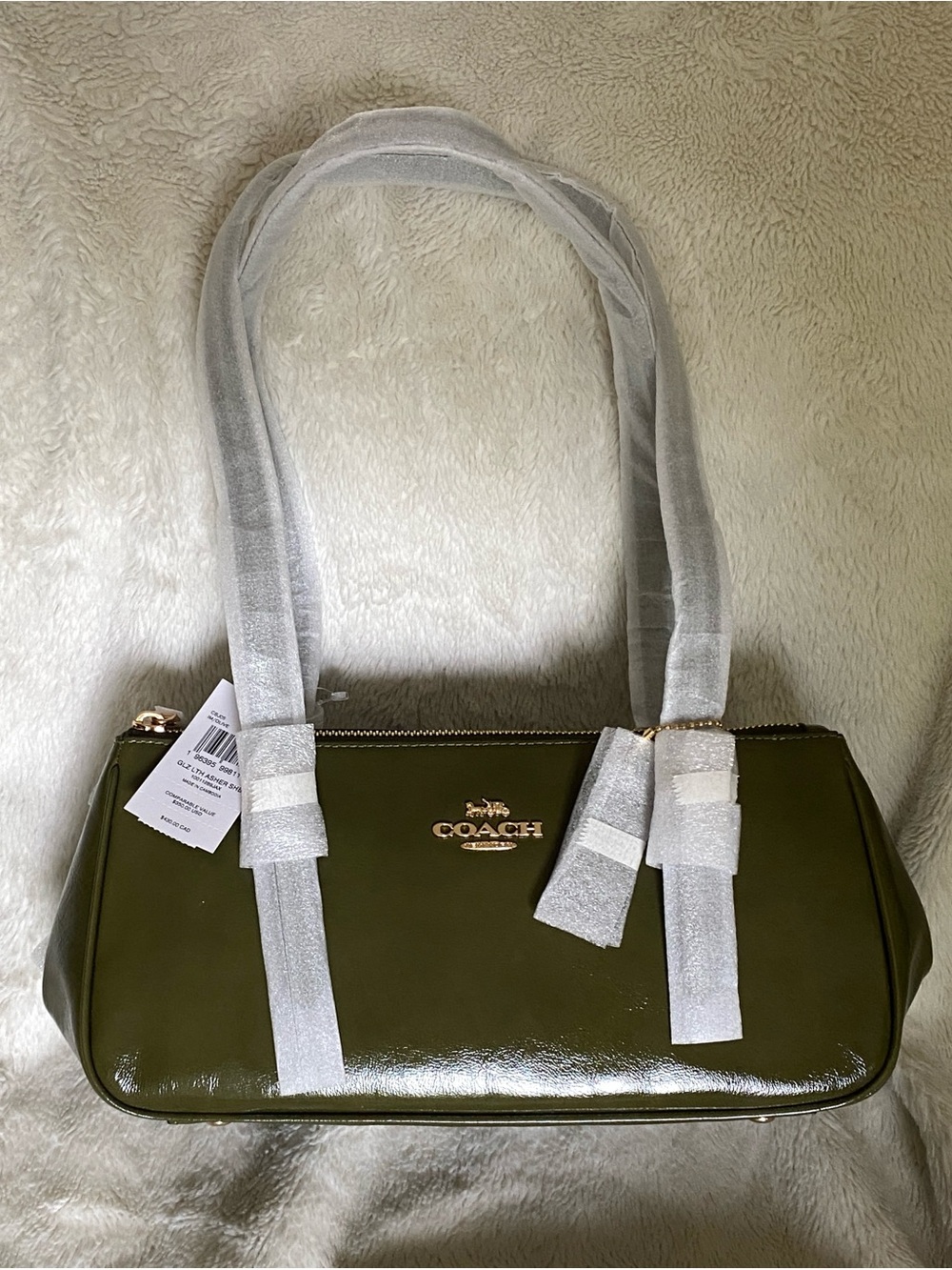 COACH Olive Patent Shoulder Bag with Gold Logo